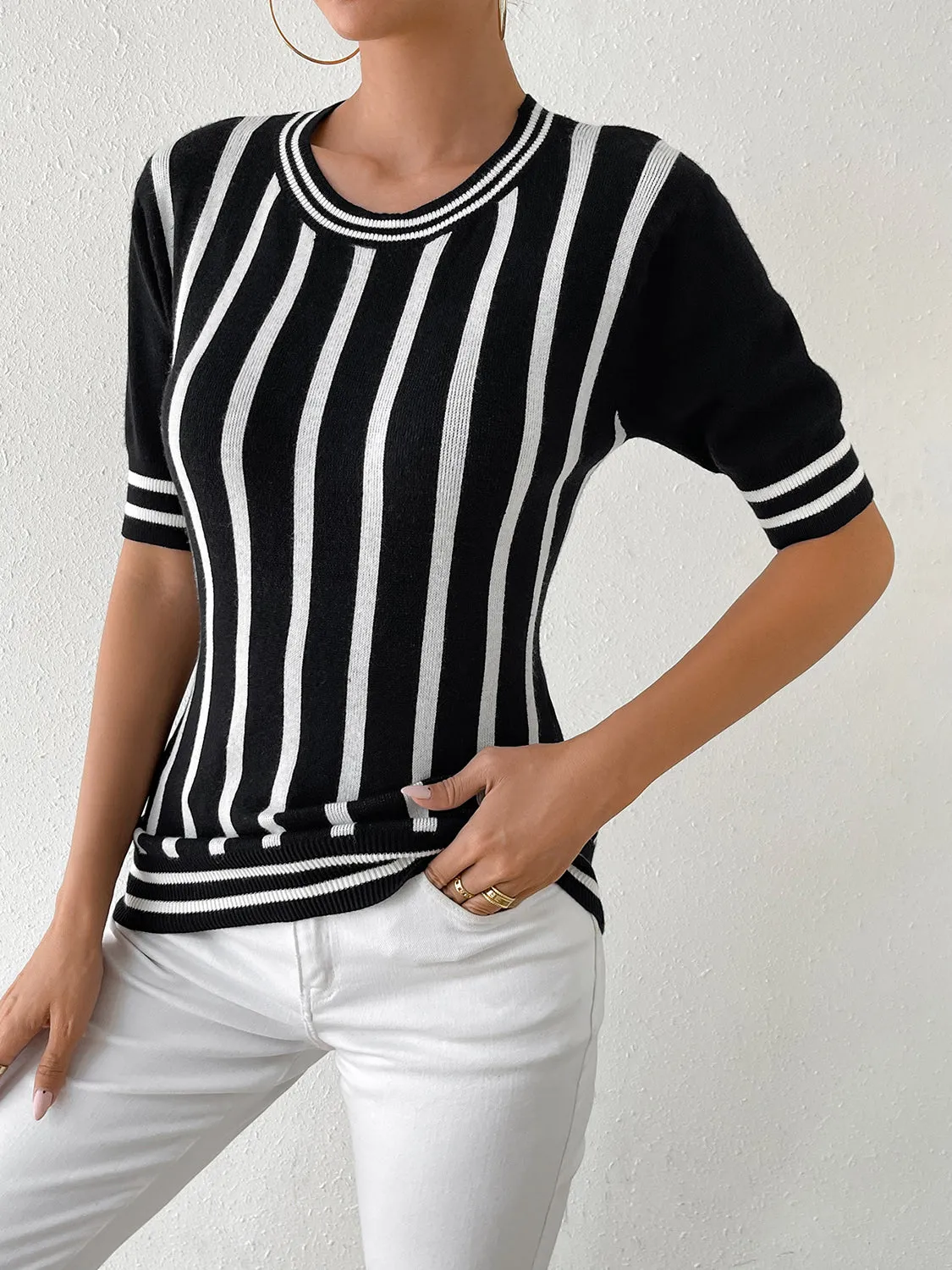 Striped Round Neck Half Sleeve Knit Top sold by Charming Charlie