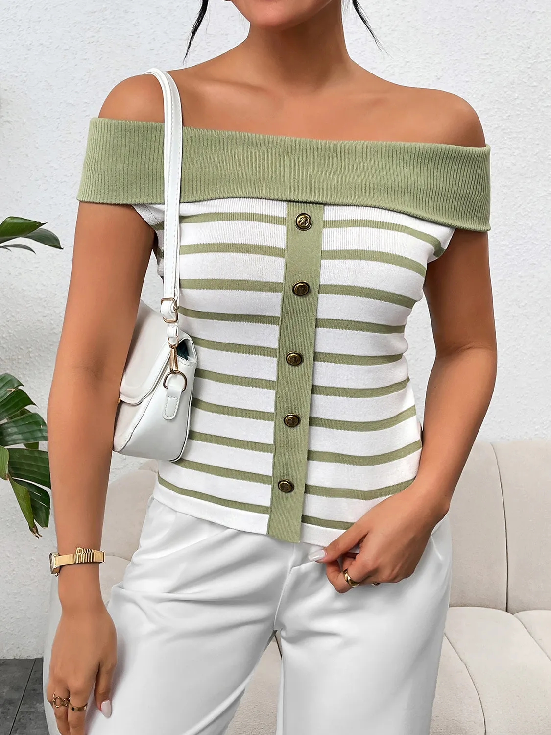 Decorative Button Striped Off-Shoulder Knit Top sold by Charming Charlie product image thumbnail 4