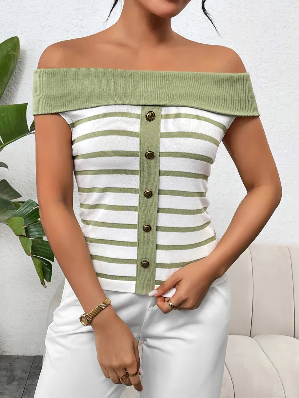 Decorative Button Striped Off-Shoulder Knit Top sold by Charming Charlie