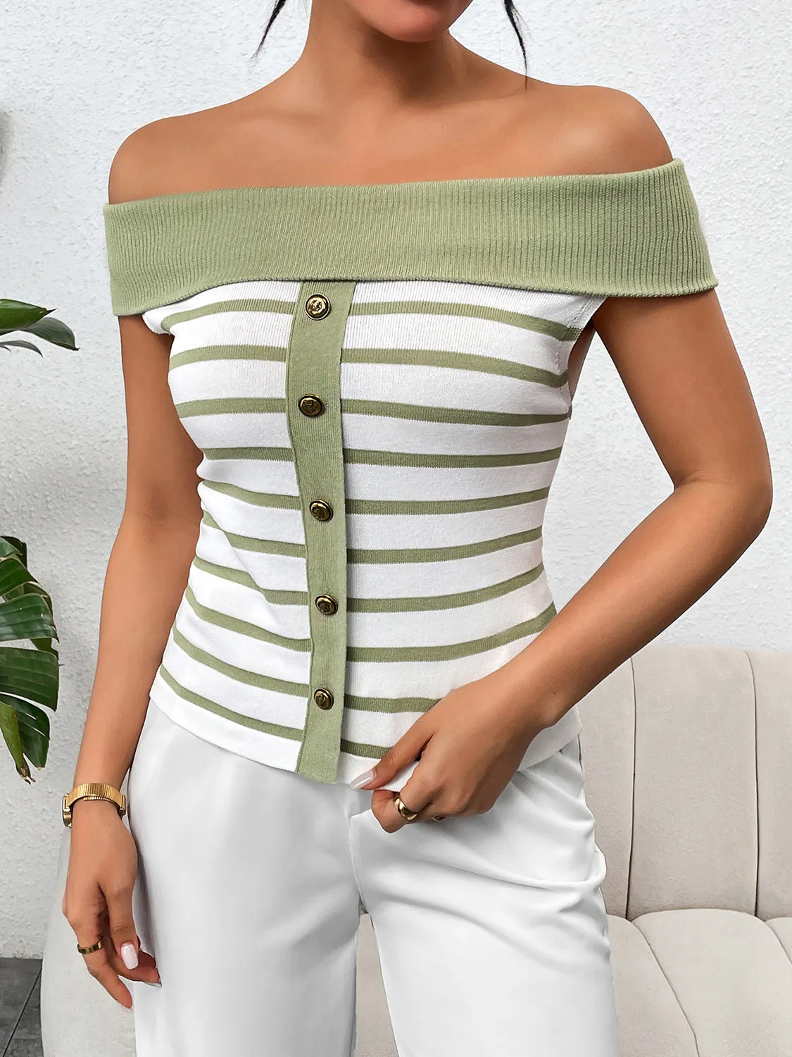 Decorative Button Striped Off-Shoulder Knit Top sold by Charming Charlie product image thumbnail 3