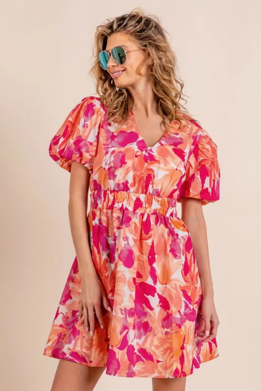 BiBi Floral V-Neck Puff Sleeve Mini Dress sold by Charming Charlie