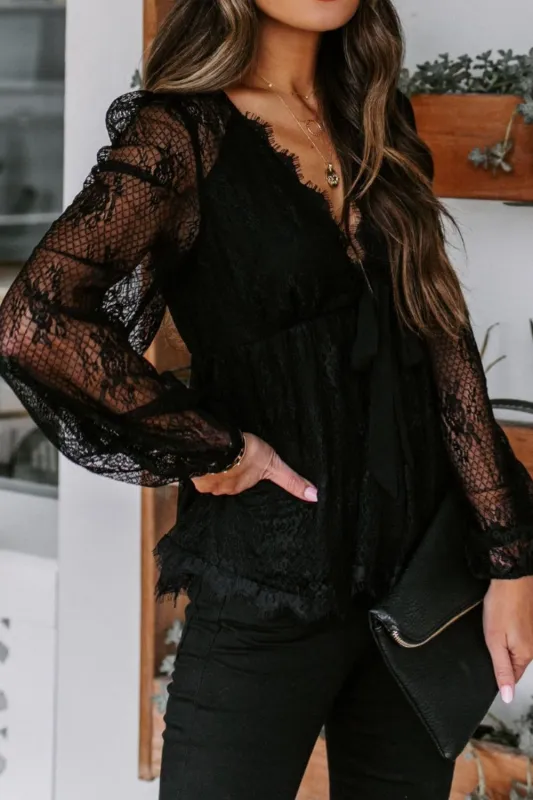 Lace Detail Plunge Long Sleeve Blouse sold by Charming Charlie