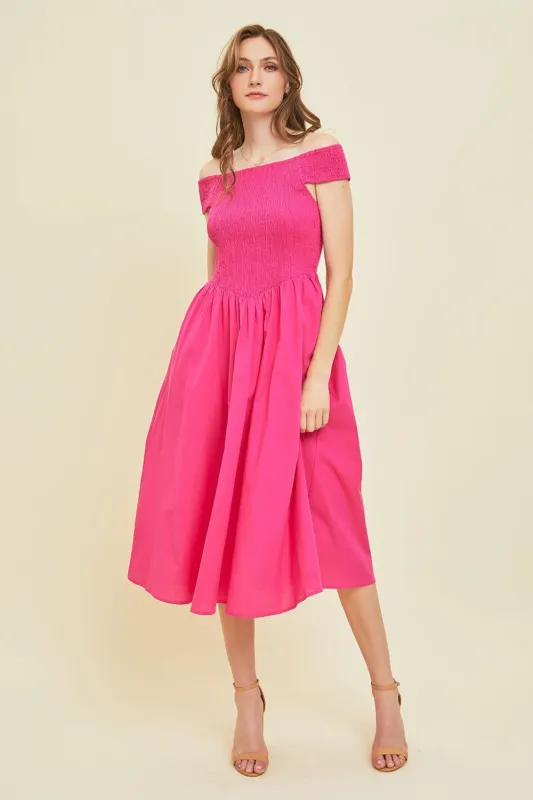 HEYSON Off-Shoulder Smocked Midi Dress sold by Charming Charlie