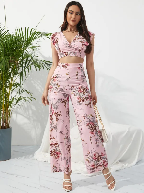 Printed Surplice Cap Sleeve Top and Pants Set made by Trendsi