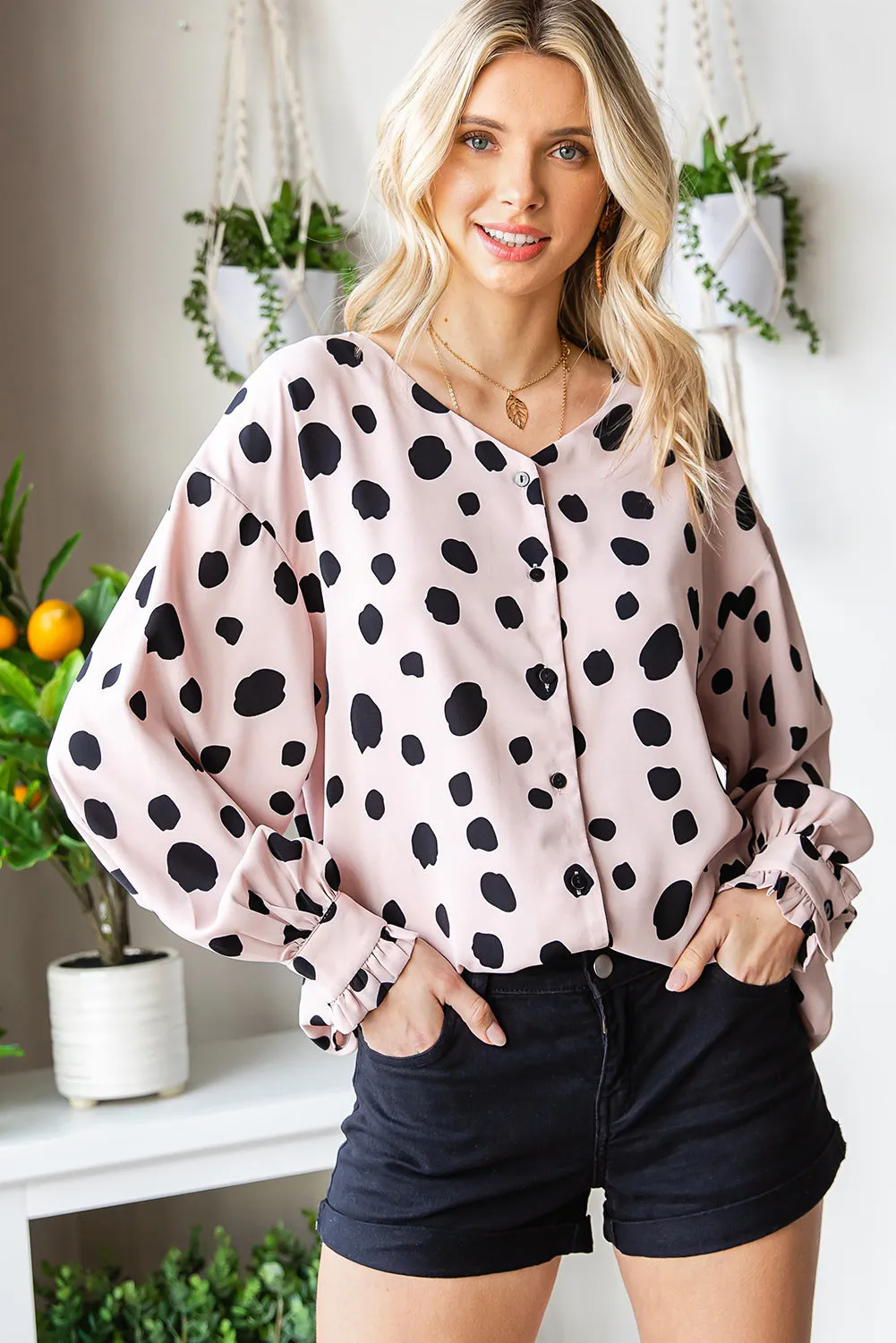 Printed Button Up Flounce Sleeve Shirt sold by Charming Charlie