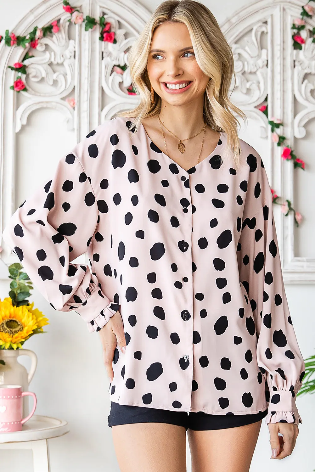 Printed Button Up Flounce Sleeve Shirt sold by Charming Charlie product image thumbnail 5