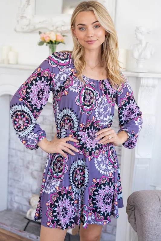 White Birch Printed Long Sleeve Mini Dress with Short Liner sold by Charming Charlie