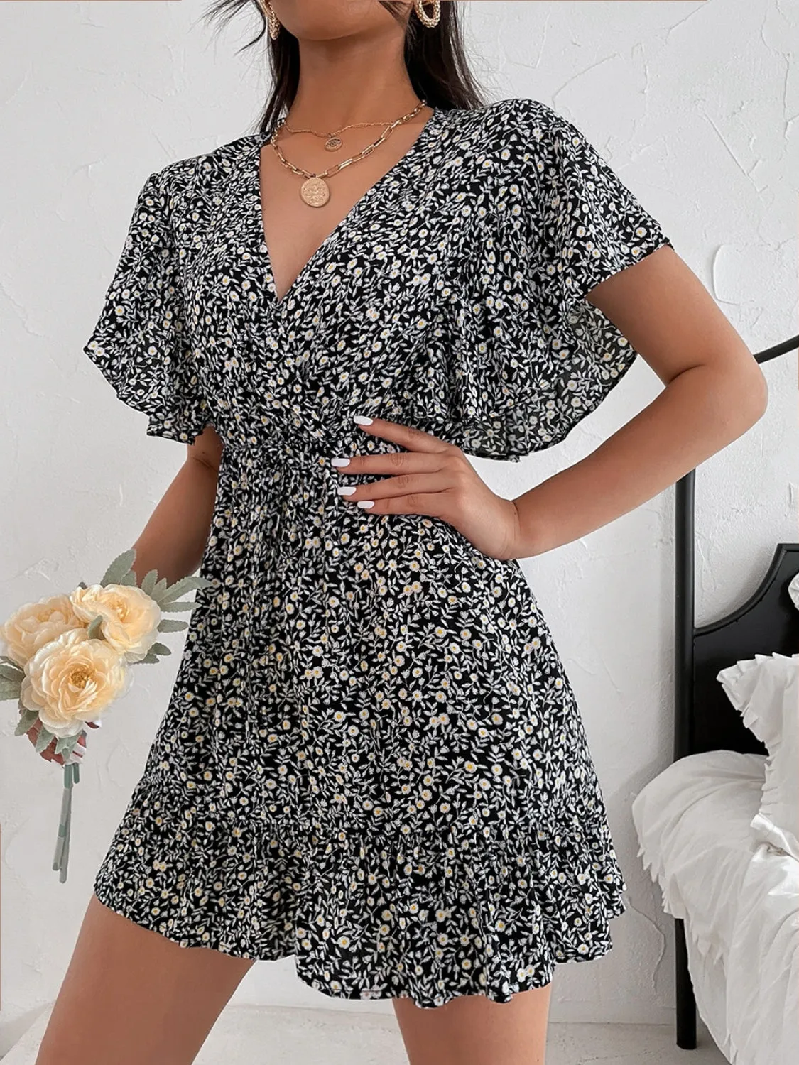 Cutout Ditsy Floral Surplice Flounce Sleeve Dress sold by Charming Charlie product image thumbnail 4