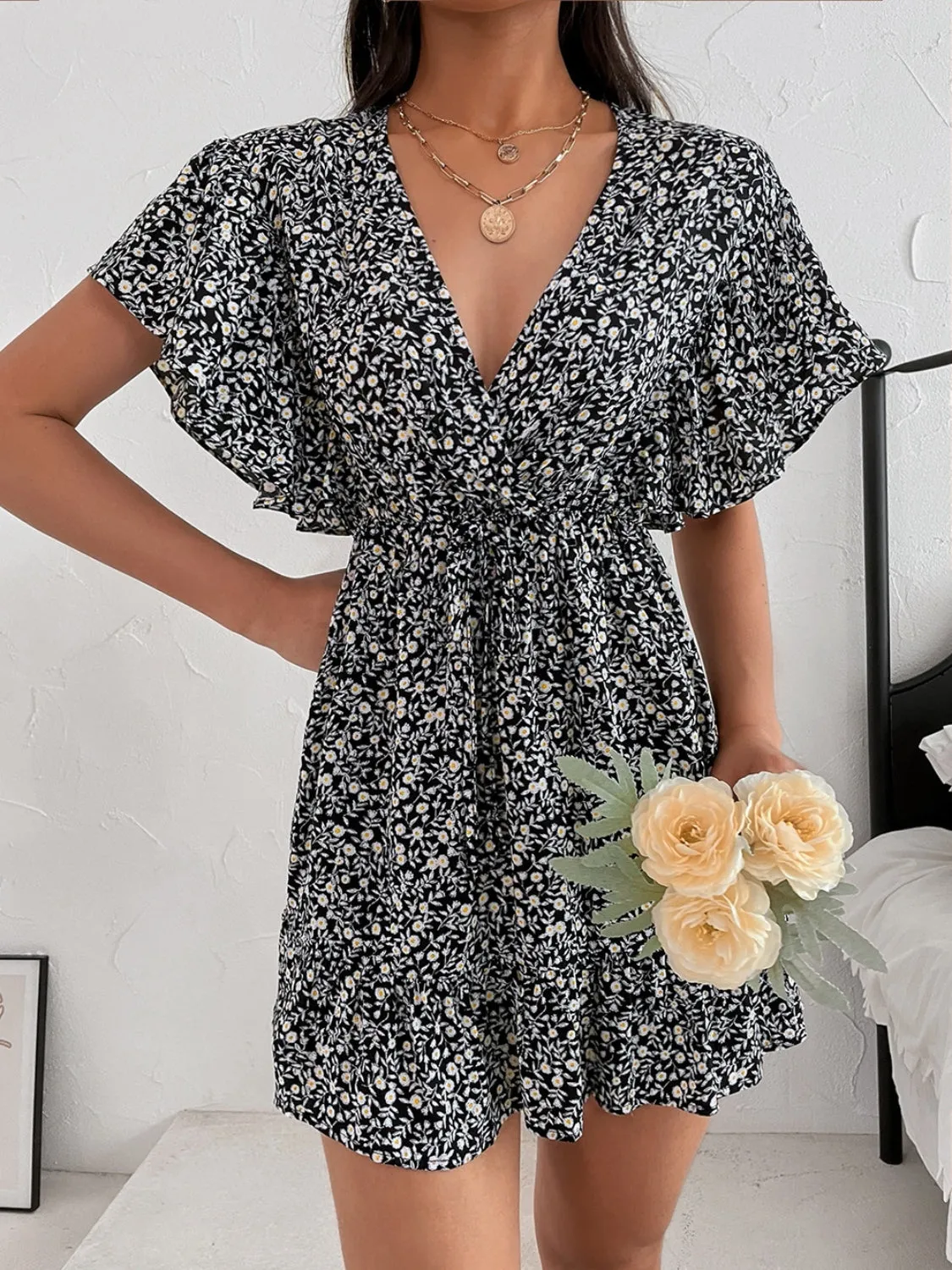 Cutout Ditsy Floral Surplice Flounce Sleeve Dress sold by Charming Charlie product image thumbnail 2