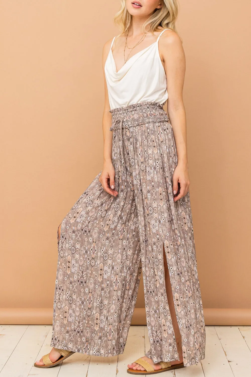And The Why Printed Smocked Waist Slit Wide Leg Pants sold by Charming Charlie product image thumbnail 4