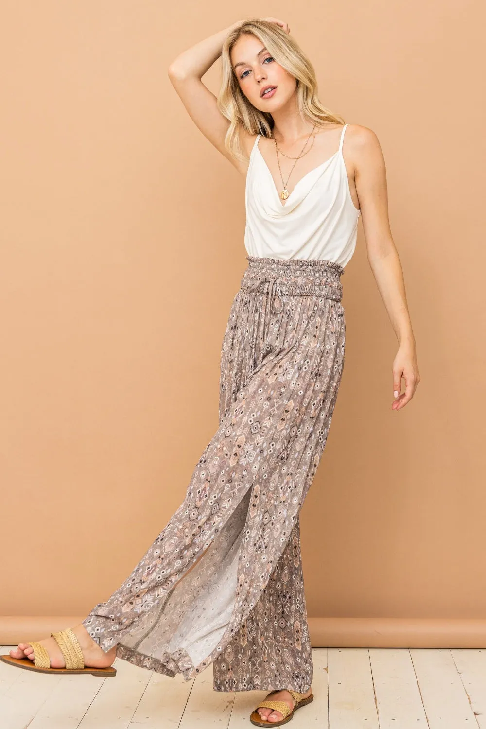 And The Why Printed Smocked Waist Slit Wide Leg Pants sold by Charming Charlie product image thumbnail 5