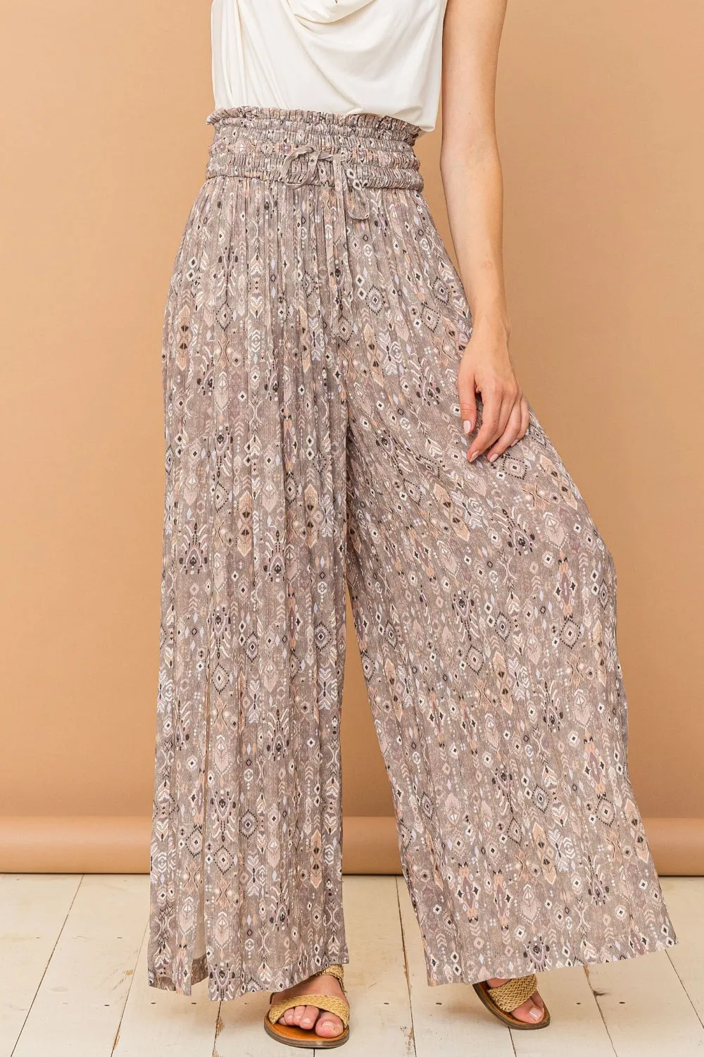 And The Why Printed Smocked Waist Slit Wide Leg Pants sold by Charming Charlie product image thumbnail 3