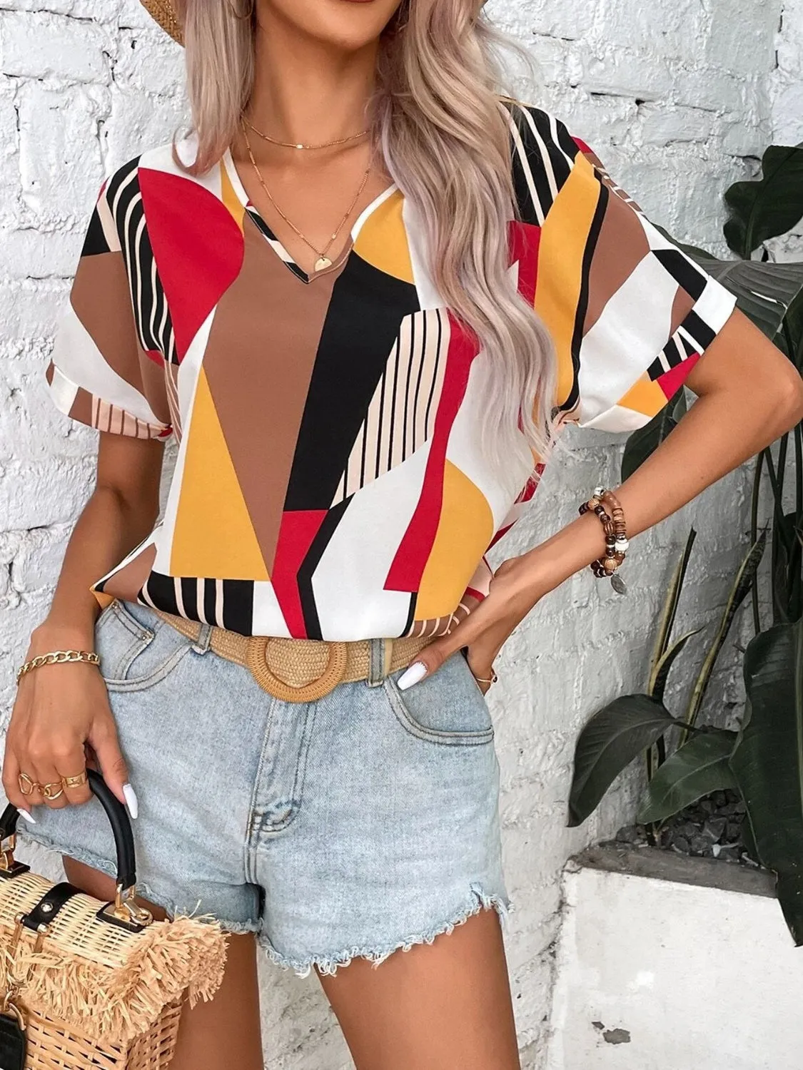 Printed V-Neck Short Sleeve Blouse sold by Charming Charlie product image thumbnail 3