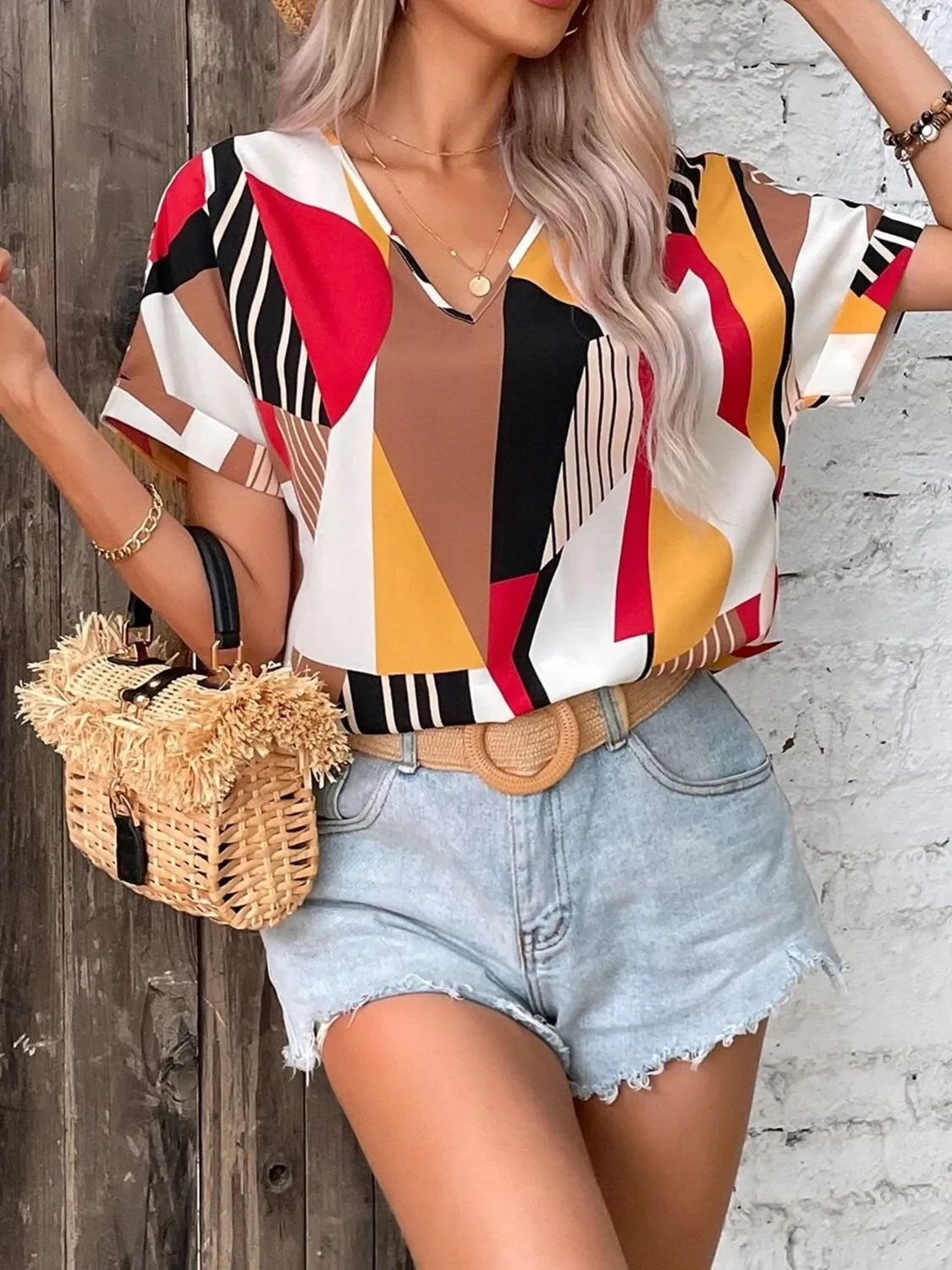 Printed V-Neck Short Sleeve Blouse sold by Charming Charlie product image thumbnail 5
