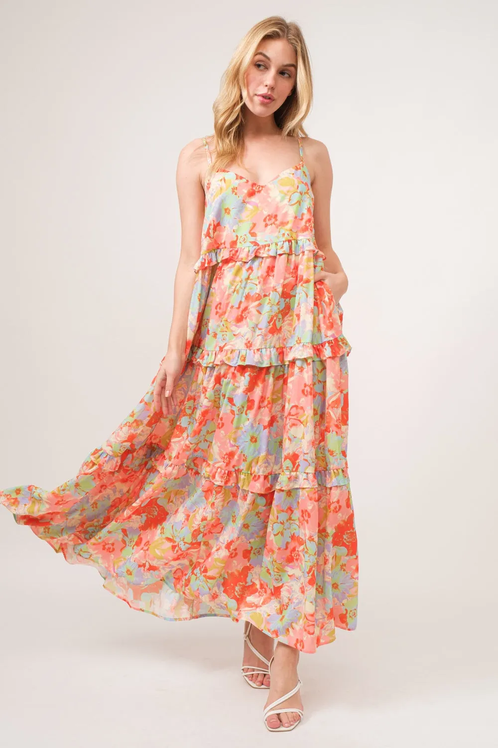 And The Why Floral Ruffled Tiered Maxi Cami Dress sold by Charming Charlie