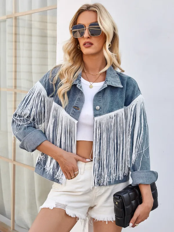 Tassel Button Up Dropped Shoulder Denim Jacket sold by Charming Charlie