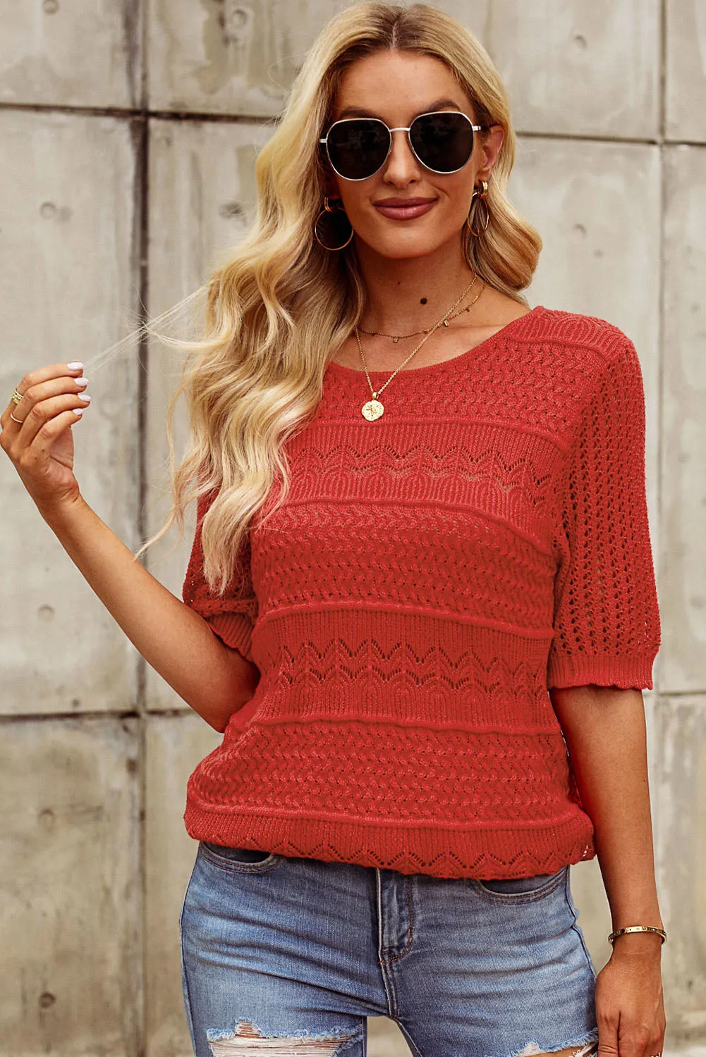 Openwork Round Neck Half Sleeve Knit Top sold by Charming Charlie product image thumbnail 2