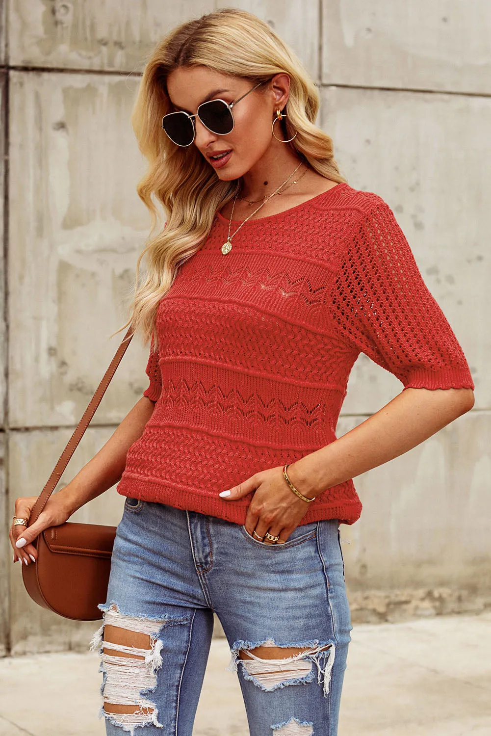 Openwork Round Neck Half Sleeve Knit Top sold by Charming Charlie product image thumbnail 3
