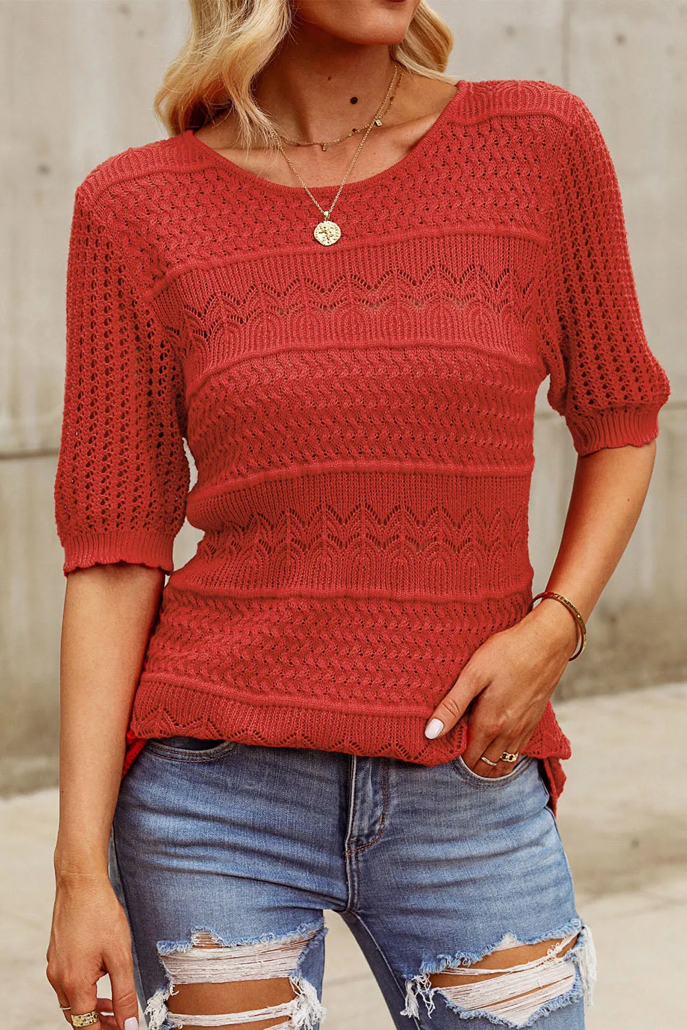 Openwork Round Neck Half Sleeve Knit Top sold by Charming Charlie