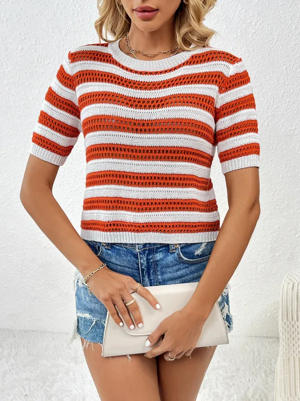 Openwork Striped Round Neck Short Sleeve Knit Top sold by Charming Charlie