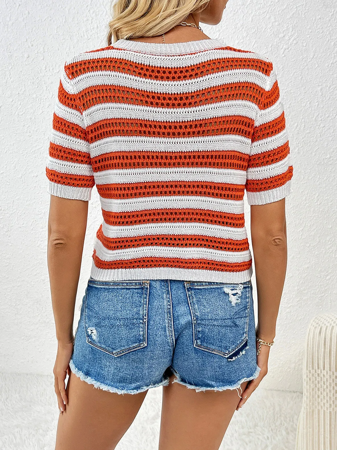 Openwork Striped Round Neck Short Sleeve Knit Top sold by Charming Charlie product image thumbnail 2