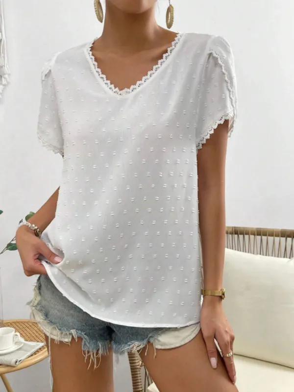 Swiss Dot Lace Detail V-Neck Petal Sleeve Blouse sold by Charming Charlie