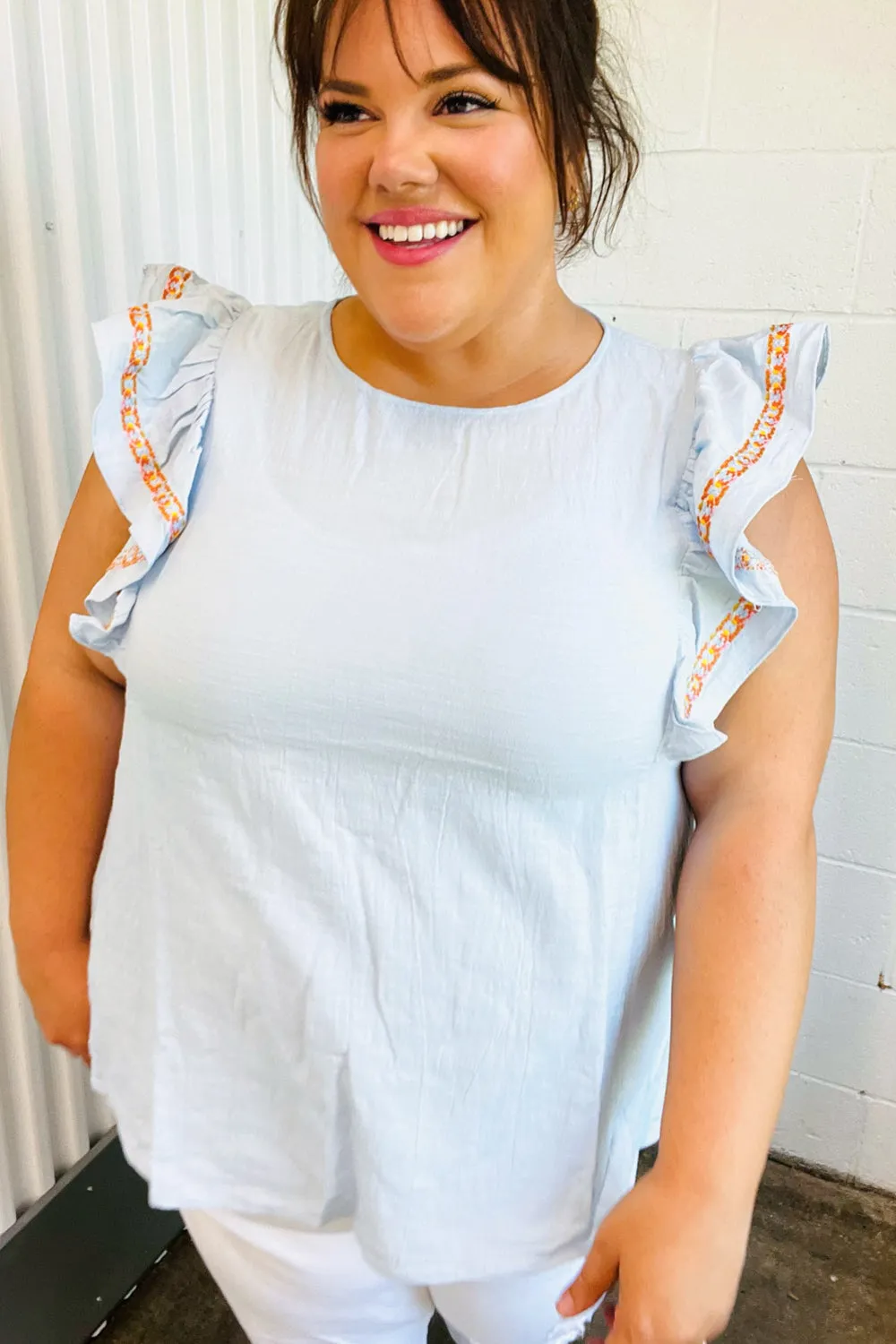 Chambray Embroidered Flutter Sleeve Top sold by Charming Charlie product image thumbnail 2