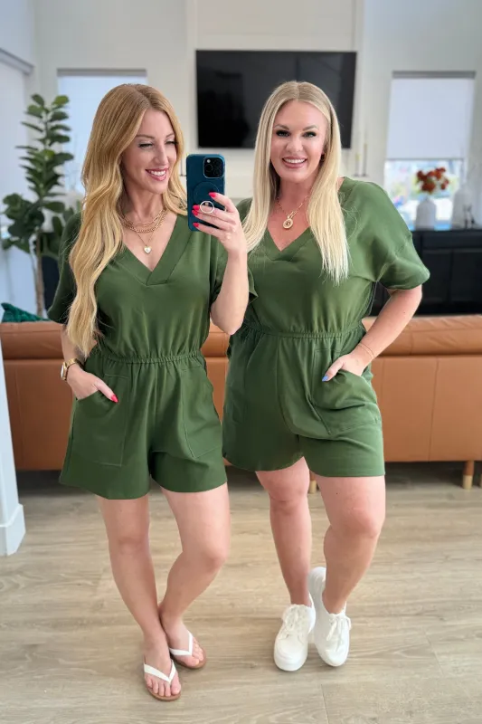 Short Sleeve V-Neck Romper in Army Green sold by Charming Charlie