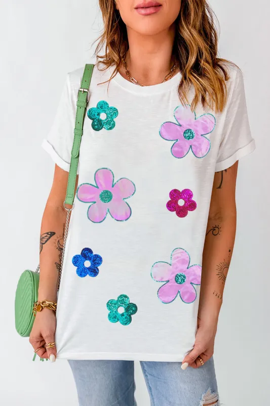 Flower Round Neck Short Sleeve T-Shirt sold by Charming Charlie