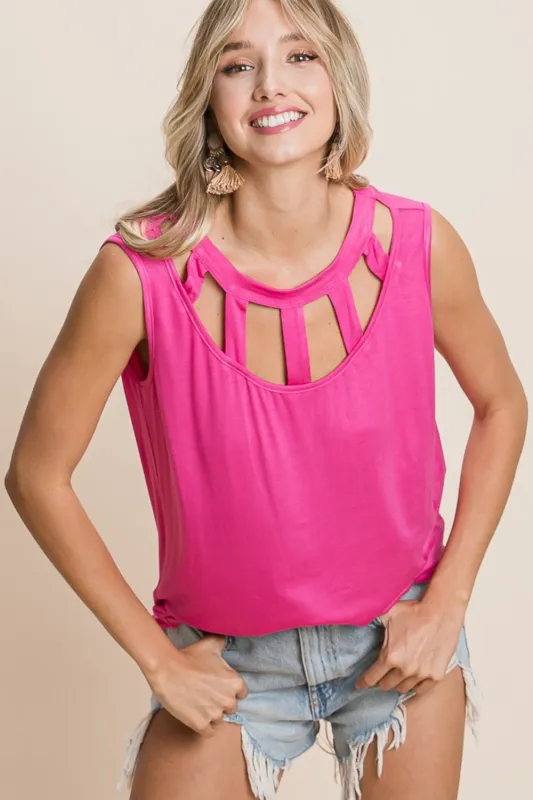 BiBi Cutout Round Neck Sleeveless Top sold by Charming Charlie