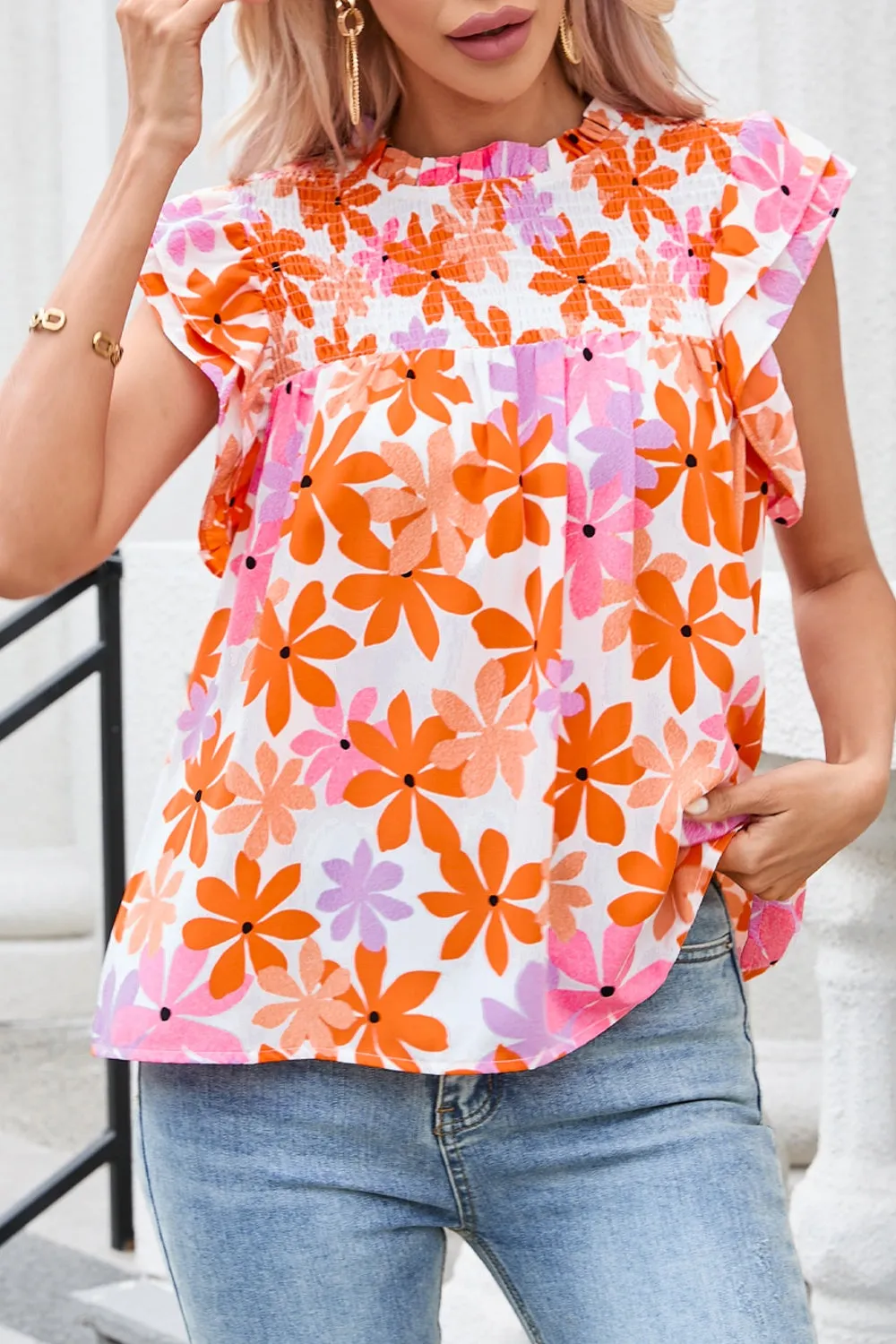 Printed Round Neck Cap Sleeve Blouse sold by Charming Charlie
