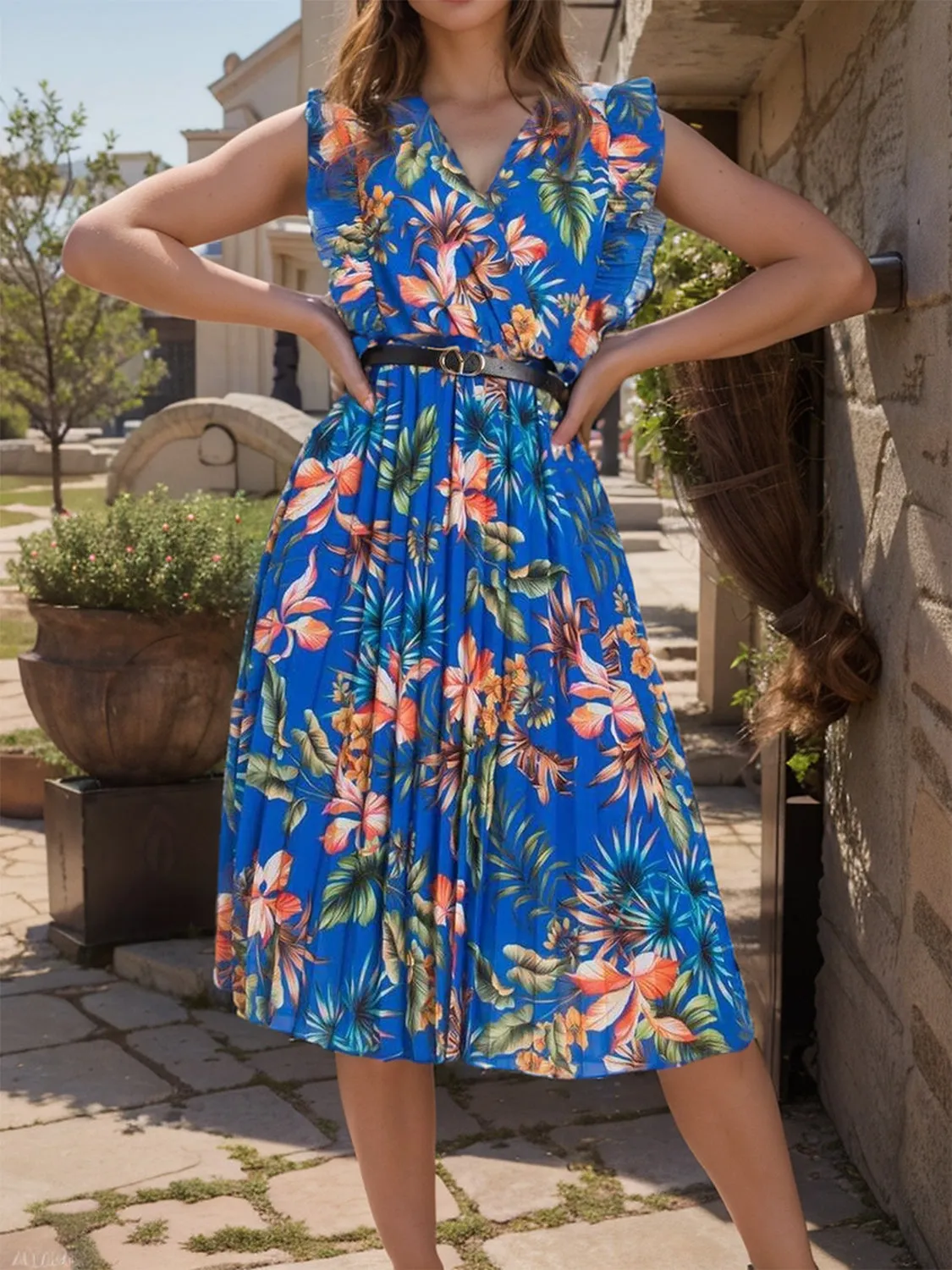 Ruffled Printed Surplice Cap Sleeve Dress sold by Charming Charlie product image thumbnail 4
