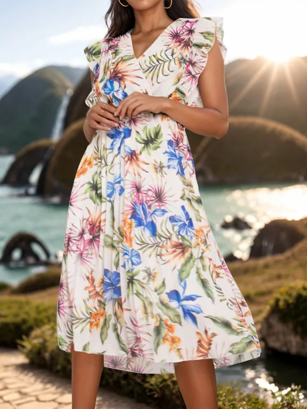 Ruffled Printed Surplice Cap Sleeve Dress sold by Charming Charlie