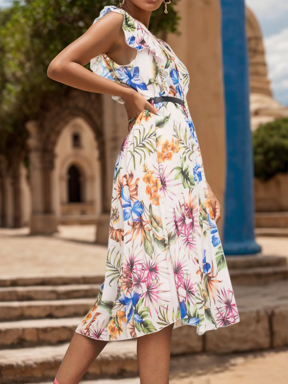 Ruffled Printed Surplice Cap Sleeve Dress sold by Charming Charlie product image thumbnail 3