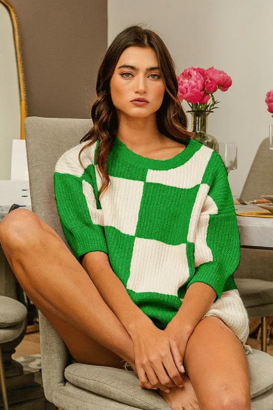 BiBi Checkered Contrast Round Neck Sweater sold by Charming Charlie