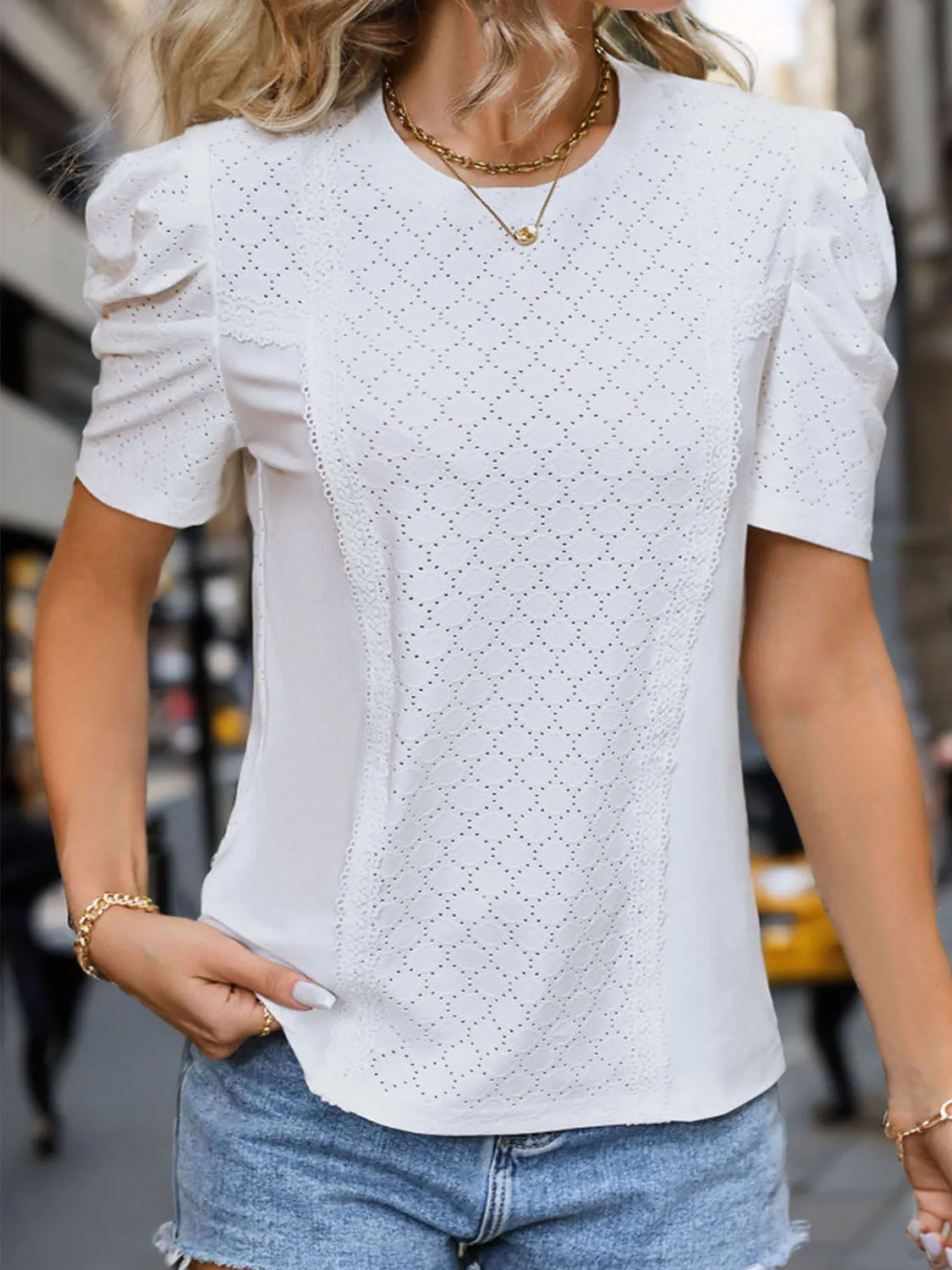 Eyelet Round Neck Short Sleeve T-Shirt sold by Charming Charlie product image thumbnail 5