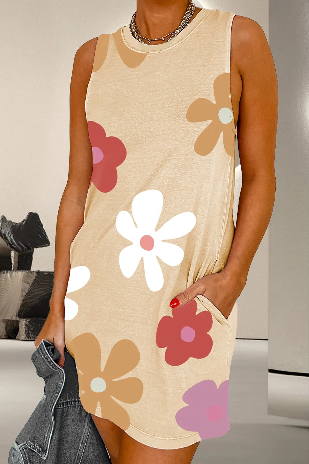 Pocketed Printed Round Neck Tank Dress sold by Charming Charlie