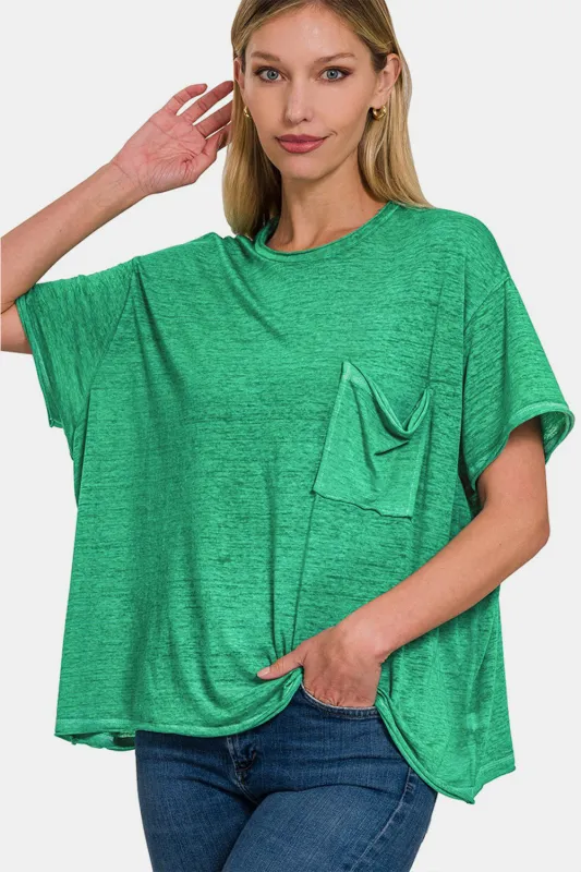 Zenana Pocketed Round Neck Dropped Shoulder T-Shirt sold by Charming Charlie