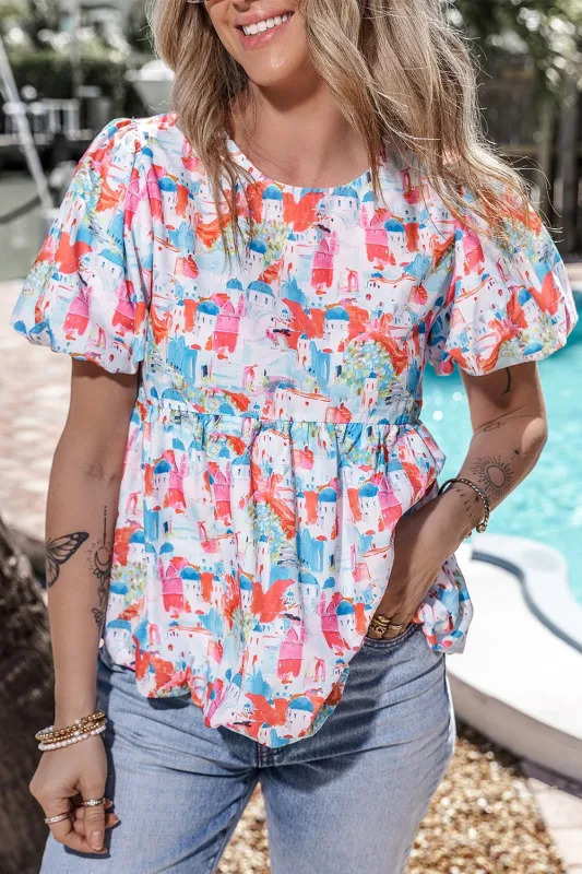 Printed Round Neck Puff Sleeve Blouse made by Trendsi