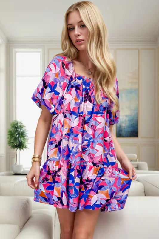 Printed Square Neck Short Sleeve Mini Dress sold by Charming Charlie