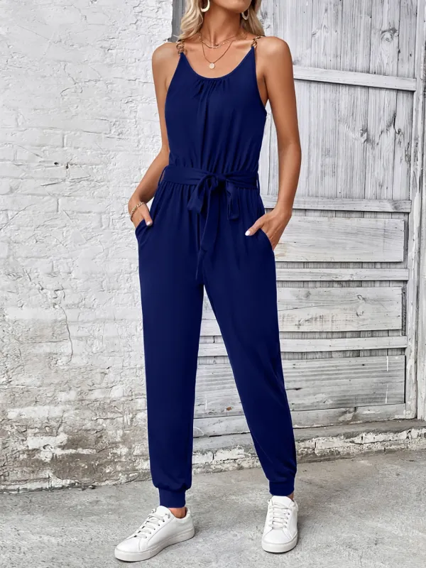 Scoop Neck Tie Waist Jumpsuit sold by Charming Charlie