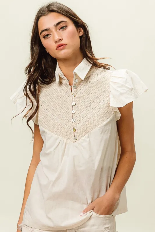 BiBi Half Button Collared Neck Short Sleeve Top sold by Charming Charlie