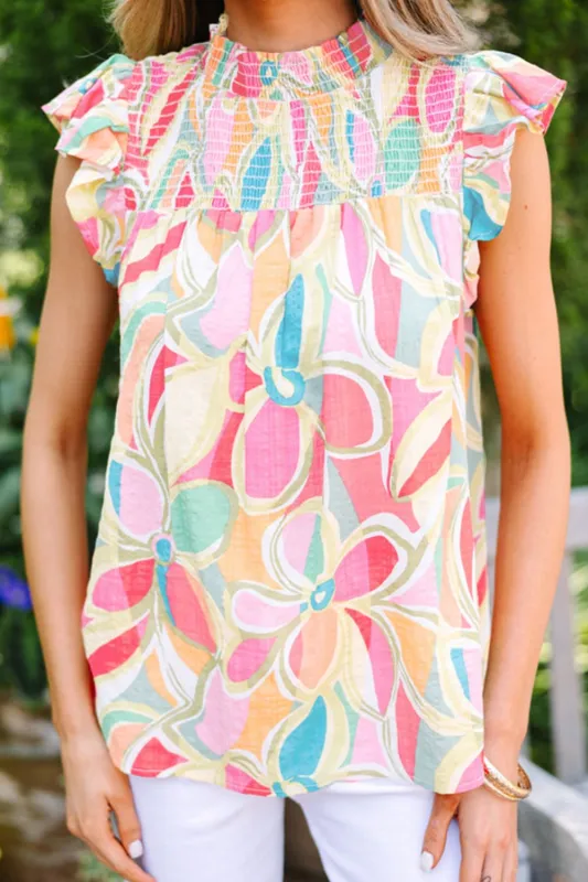 Ruffled Printed Mock Neck Cap Sleeve Blouse sold by Charming Charlie