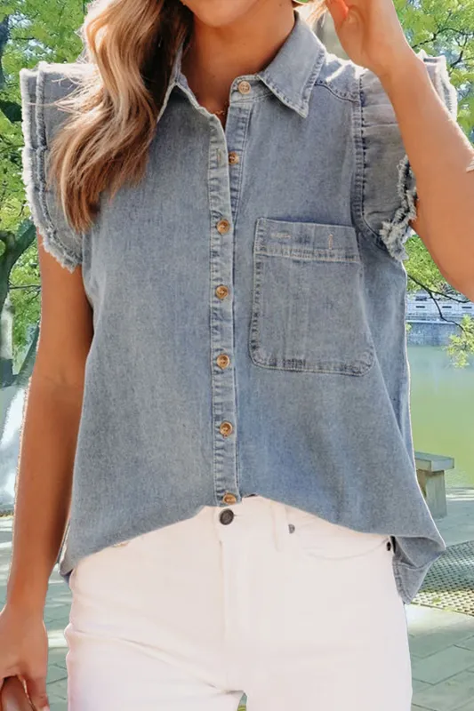 Raw Hem Button Up Cap Sleeve Denim Top sold by Charming Charlie