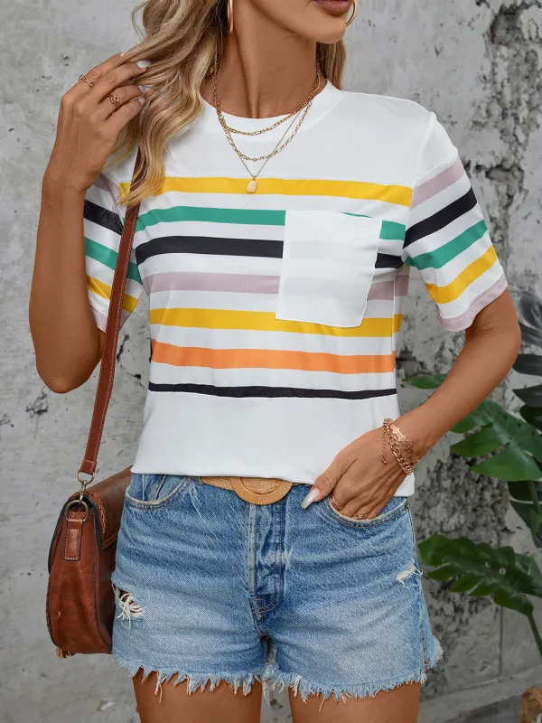 Striped Round Neck Short Sleeve T-Shirt sold by Charming Charlie