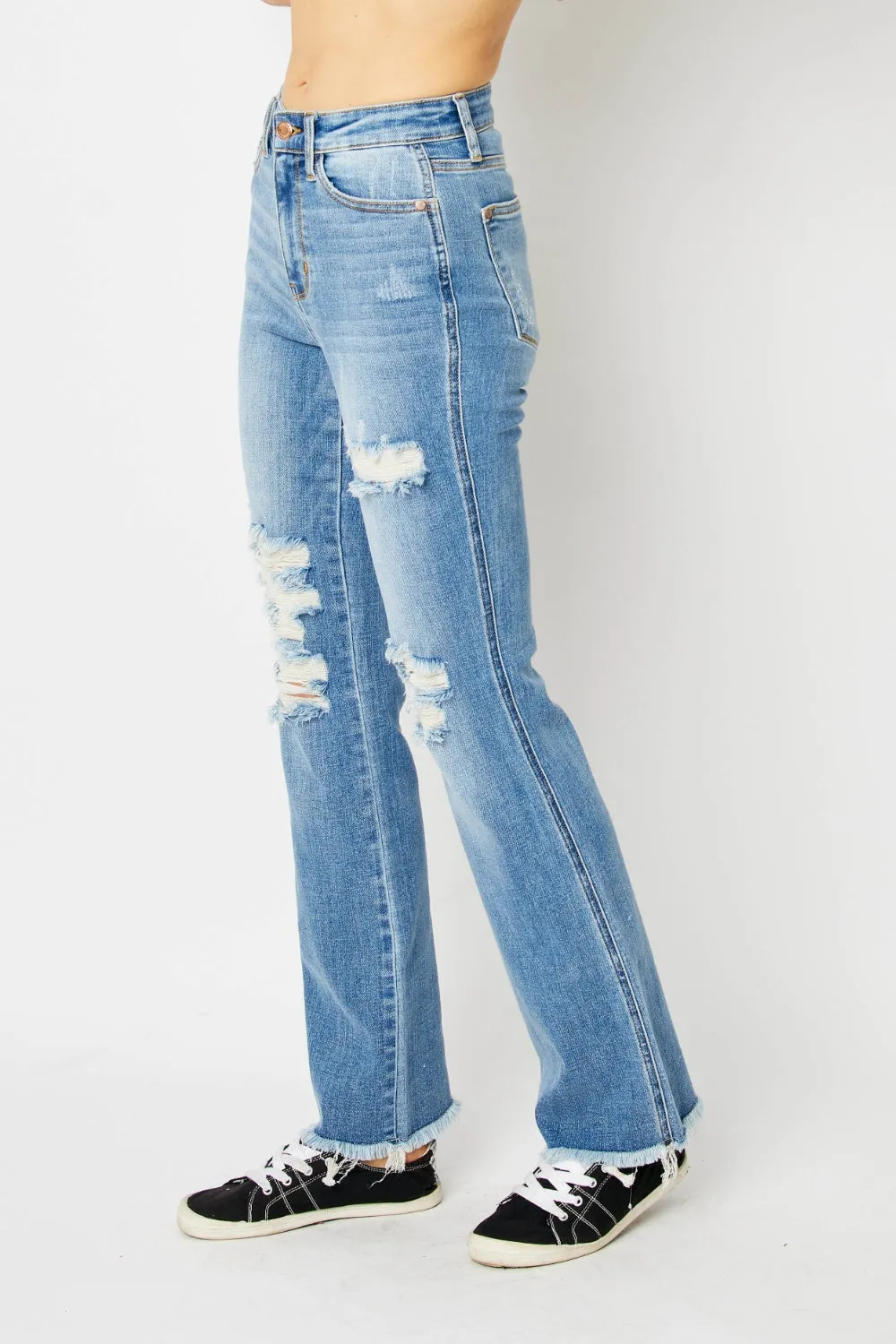 Judy Blue Full Size Distressed Raw Hem Bootcut Jeans sold by Charming Charlie product image thumbnail 3