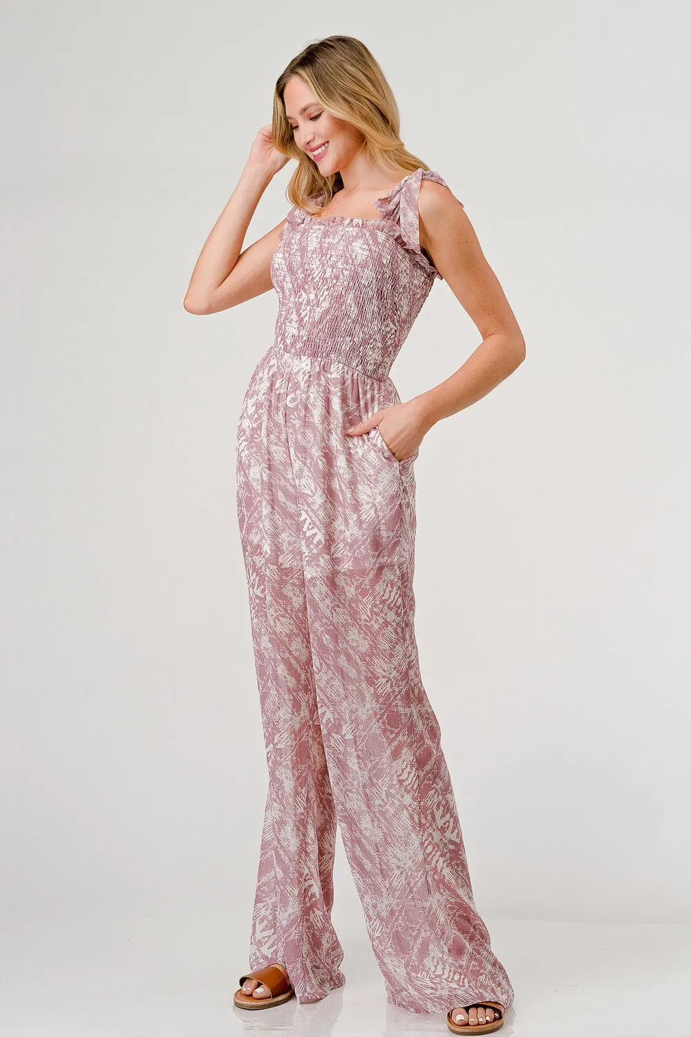 GeeGee Printed Tie Shoulder Wide Leg Jumpsuit sold by Charming Charlie product image thumbnail 3