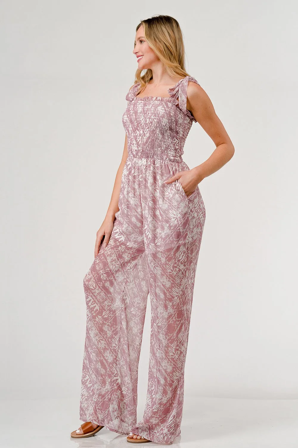 GeeGee Printed Tie Shoulder Wide Leg Jumpsuit sold by Charming Charlie product image thumbnail 4