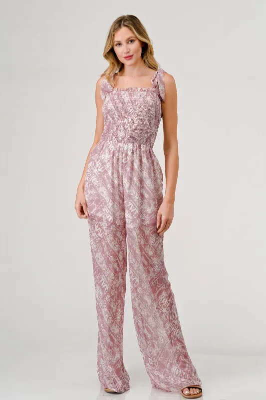 GeeGee Printed Tie Shoulder Wide Leg Jumpsuit sold by Charming Charlie