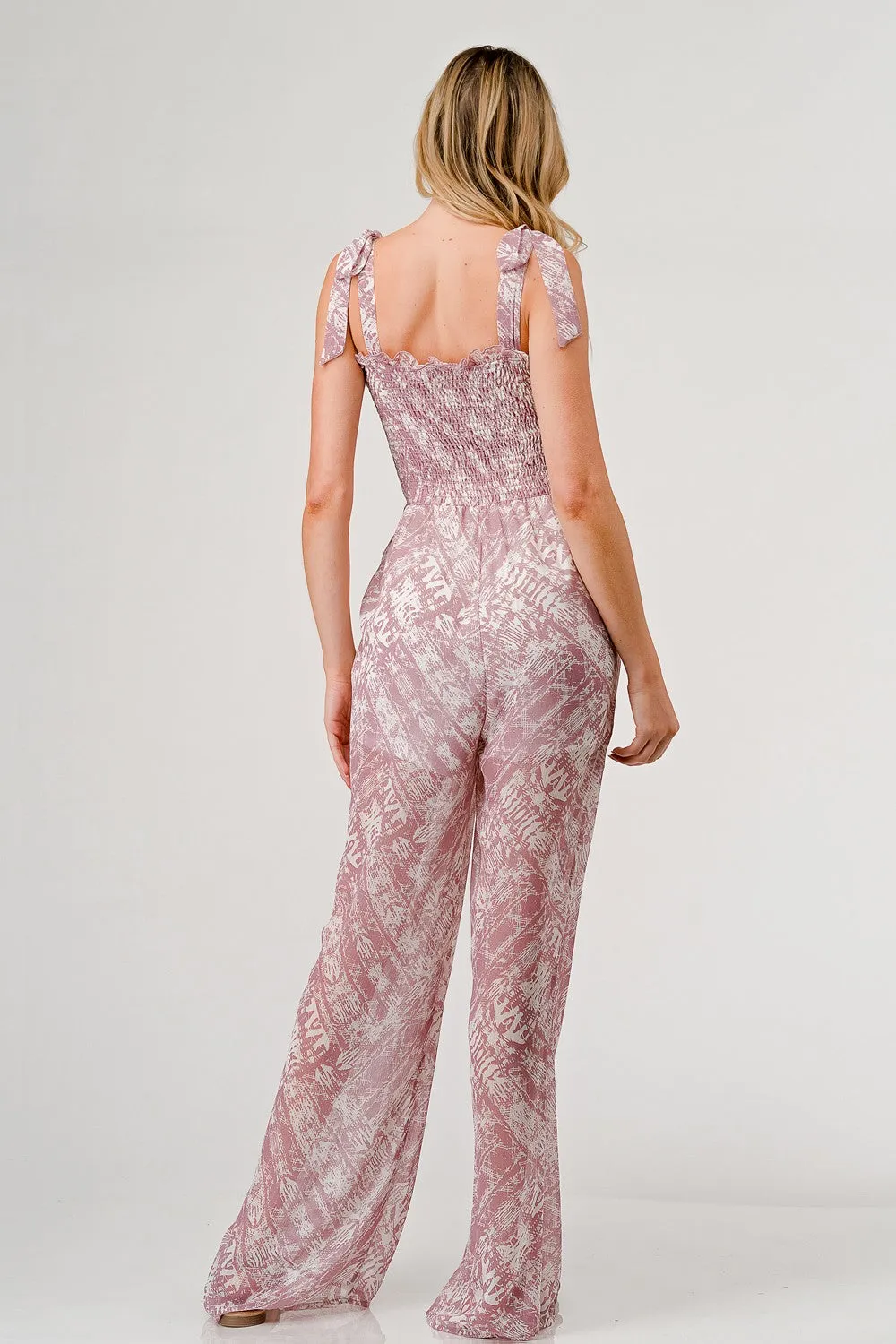 GeeGee Printed Tie Shoulder Wide Leg Jumpsuit sold by Charming Charlie product image thumbnail 2